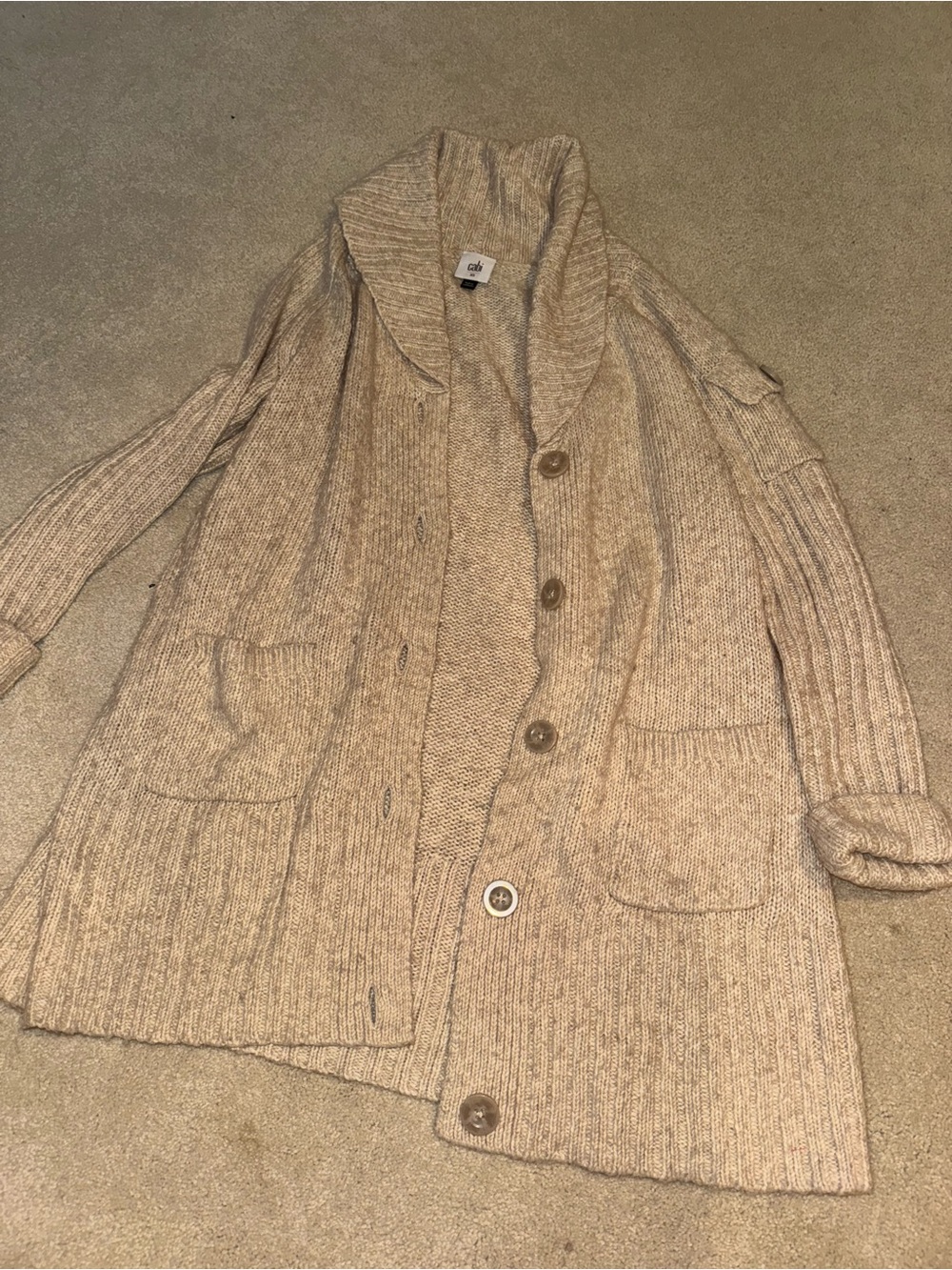 CAbi Beige Shawl Collar Button Cardigan